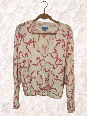 CeCe White Cardigan with Pink Bows Large